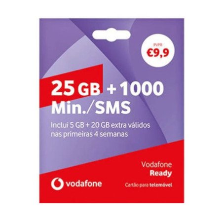 Cartão sim vodafone ready 55gb de internet e 1000min./sms/mês válidos nas primei