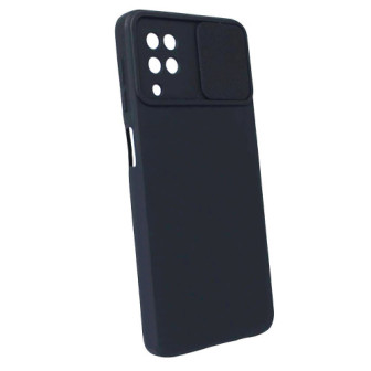 Capa Silicone Gel Samsung Galaxy A12 Preto Com Protetor De Câmera E Janela Deslizante