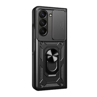 Samsung Galaxy Z Fold5 Black Ring Armor Armor Carbon Anti-Shock Silicone Case With Sliding Window