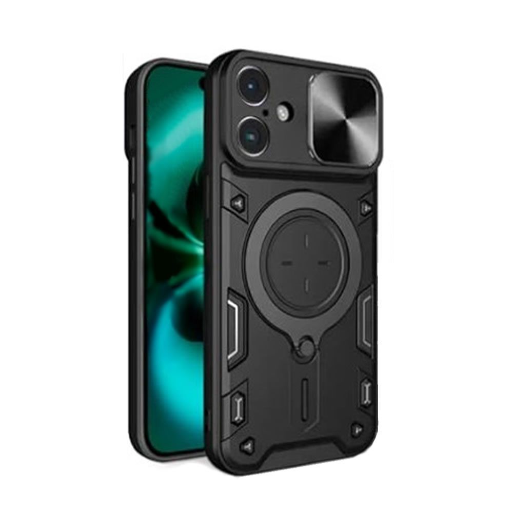 Capa Silicone TPU Com Anel De Dedo Apple Iphone 17 Preto Com Protetor De Câmera E Janela Deslizante