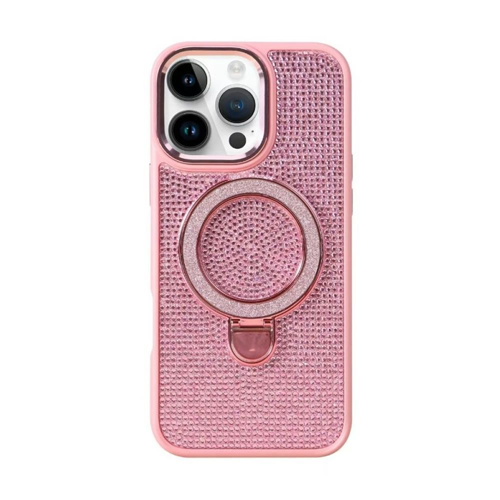 Capa Silicone Apple Iphone 17 Rosa Glitter Com Suporte