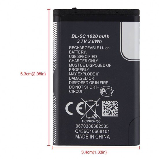 Bateria Nokia BL-5C/1100/1101/1110/1110i/1112/1200/1208/1209/1600/1650/1680C/1800/2300/2310/2323C/2330C/260 1020 mAh 3.7V 3.8Wh Bulk Bateria Nokia BL-5C/1100/1101/1110/1110i/1112/1200/1208/1209/1600/1650/1680C/1800/2300/2310/2323C/2330C/260 1020 mAh 3.7V 3.8Wh Bulk
