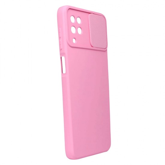 Capa Silicone Gel Samsung Galaxy A12 Rosa Com Protetor De Câmera E Janela Deslizante