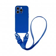 Funda De Silicona Apple Iphone 15 Pro Max Azul Con Protector De Cámara Y Cuerda