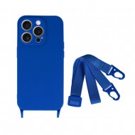 Funda De Silicona Apple Iphone 15 Pro Max Azul Con Protector De Cámara Y Cuerda