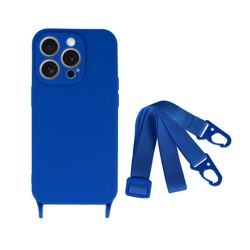 Capa Silicone Apple Iphone 15 Pro Max Azul Com Protetor De Câmera E Corda