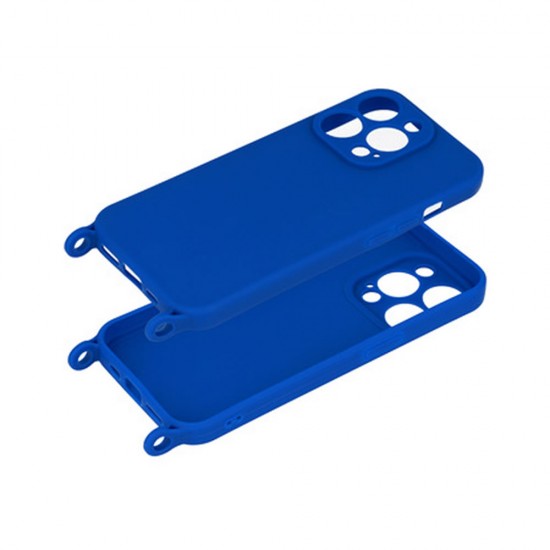 Capa Silicone Apple Iphone 15 Pro Max Azul Com Protetor De Câmera E Corda