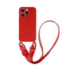 Capa Silicone Apple Iphone 15 Pro Max Vermelho Com Protetor De Câmera E Corda