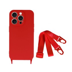 Capa Silicone Apple Iphone 15 Pro Max Vermelho Com Protetor De Câmera E Corda