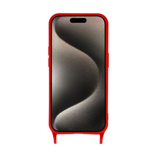 Apple Iphone 15 Pro Max Red Silicone Case With Camera Protector And String