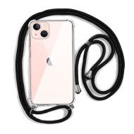 Capa Silicone Dura Anti-Choque Apple Iphone 14 Plus Transparente Com Corda Preta