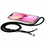 Funda De Silicona Dura Anti-Shock Apple Iphone 13 Transparente Con Cadena Negra