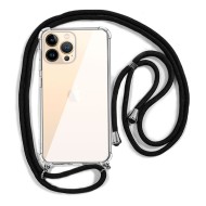 Capa Silicone Dura Anti-Choque Apple Iphone 14 Pro Max Transparente Com Corda Preta