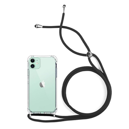 Capa Silicone Dura Anti-Choque Apple Iphone 12/12 Pro Transparente Com Corda Preta