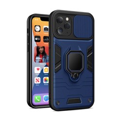 Apple Iphone 11 Pro Blue Finger Ring TPU Silicone Case With Camera Protector And Sliding Window