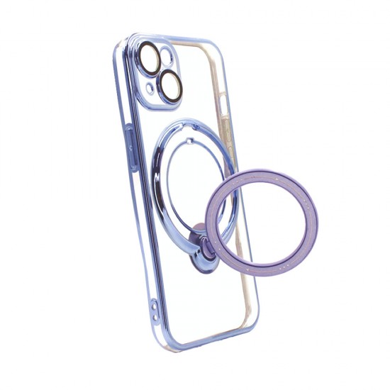 Apple Iphone 14 Blue Magsafe Silicone Case With Finger Ring And Camera Protector Lens