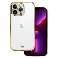 Funda De Gel De Silicona Apple Iphone 14 Pro Max Dorada Con Protector De Cámara Y Piedras Brillantes