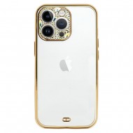 Funda De Gel De Silicona Apple Iphone 14 Pro Dorada Con Protector De Cámara Y Piedras Brillantes