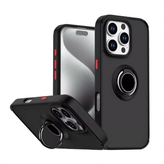 Funda De Silicona TPU Apple Iphone 16 Pro Max Negro Con Soporte De Anilla Magnético