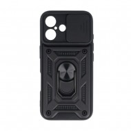 Capa Silicone Tpu Com Anel De Dedo Apple Iphone 16 Plus Preto Com Protetor De Câmera E Janela Deslizante