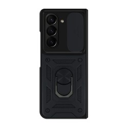 Samsung Galaxy Z Fold5 Black Ring Armor Armor Carbon Anti-Shock Silicone Case With Sliding Window