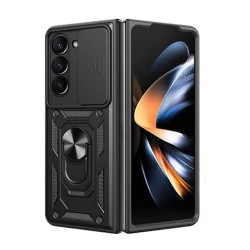 Samsung Galaxy Z Fold5 Black Ring Armor Armor Carbon Anti-Shock Silicone Case With Sliding Window