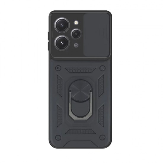 Funda De Silicona TPU Con Anillo Para El Dedo Xiaomi Redmi 12 Negro Con Protector De Cámara Y Ventana Deslizante