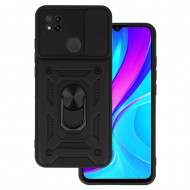 Xiaomi Redmi 9c Black Finger Ring Silicone Case With Camera Protector And Sliding Window
