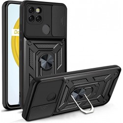 Funda De Silicona Con Anillo Para El Dedo Realme C21 Negro Con Protector De Cámara Y Ventana Deslizante