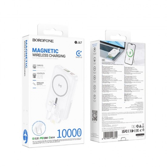 Power Bank Borofone BJ67 Blanco 10000mAh Con Magsafe Y Cable USB Tipo-C Y Lightning