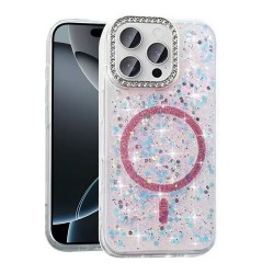 Capa Silicone Dura Apple Iphone 16 Pro Rosa Com Glitter Magsafe