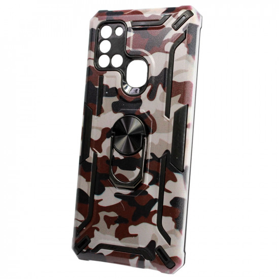 Kickstand Heavy Duty Hybrid Silicone TPU Cover Samsung Galaxy A21s Marron Militry Drawing Anillo de dedo antichoque