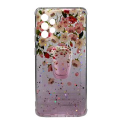 Cover Silicone Bling Glitter For Samsung Galaxy A52 Pink Flowers With Kickstand