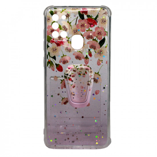 Huawei Capa Silicone Com Desenho Bling Glitter Samsung Galaxy A21s Rosado Flowers Com Kickstand