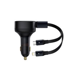 Carregador De Isqueiro Baseus Cgtx000001 Preto 30w Com Cabo Usb-C E Lightning Retrátil