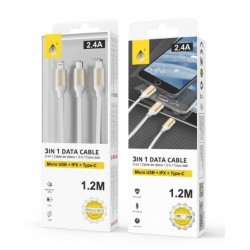 Usb Micro Usb Cable ONE PLUS B5099 BRANCO 2.4A 1.2M 3 IN 1 MICRIO USB, IPX, TYPE C