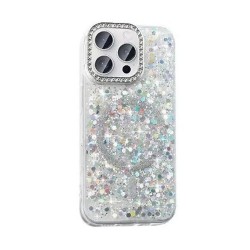 Funda De Silicona Dura Apple Iphone 16 Pro Plata Con Purpurina Magsafe