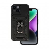 Capa Silicone Tpu Com Anel De Dedo Apple Iphone 15 Preto Com Protetor De Câmera E Janela Deslizante