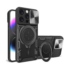 Funda De Silicona TPU Con Anillo De Dedo Apple Iphone 16 Pro Max Negro Con Protector De Cámara Y Ventana Deslizante