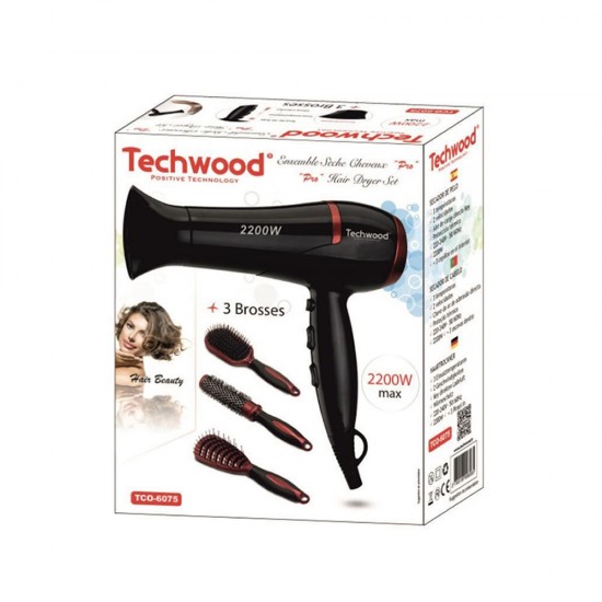 Secador De Cabelo Techwood Tco-6075 Preto 2200w Com 3 Escovas Secador De Cabelo Techwood Tco-6075 Preto 2200w Com 3 Escovas