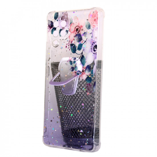 Funda de Silicona con Diseño Bling Glitter para Samsung Galaxy A42 5g / A426 Morada con Soporte y Flores